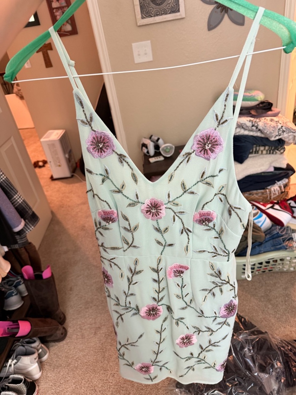Gianni Bini Mint Green Mini Dress with Pink Floral Embroidery